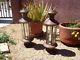Vintage Turkish Copper Lanterns, 20 Tall, 6.25 Base Withetched Glass, Set Of Two
