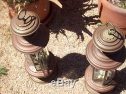VINTAGE TURKISH COPPER LANTERNS, 20 TALL, 6.25 BASE WithETCHED GLASS, SET OF TWO