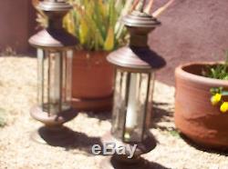 VINTAGE TURKISH COPPER LANTERNS, 20 TALL, 6.25 BASE WithETCHED GLASS, SET OF TWO