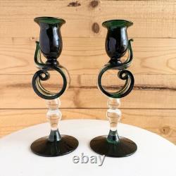 VTG 50s 60s Hand Blown Glass Candle Holders Green Abstract Rare