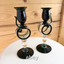 VTG 50s 60s Hand Blown Glass Candle Holders Green Abstract Rare