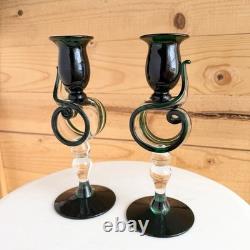VTG 50s 60s Hand Blown Glass Candle Holders Green Abstract Rare