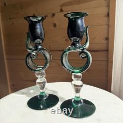 VTG 50s 60s Hand Blown Glass Candle Holders Green Abstract Rare