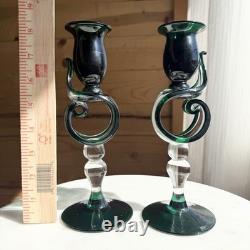 VTG 50s 60s Hand Blown Glass Candle Holders Green Abstract Rare