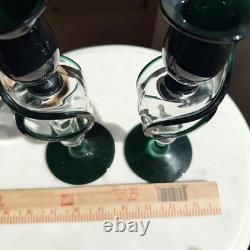 VTG 50s 60s Hand Blown Glass Candle Holders Green Abstract Rare