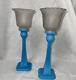 Vtg Blue Glass Candle Stick Holders Square Bottom Frosted Votive Cups 13.5 Tall