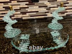 VTG Cut Glass Spiral Stacked Candle Stick Holders & Glass Plate See Detail