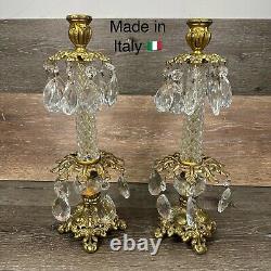 VTG Italian Hollywood Regency Gold Crystal Prism Candlestick Holder 14.75Pair