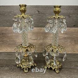 VTG Italian Hollywood Regency Gold Crystal Prism Candlestick Holder 14.75Pair