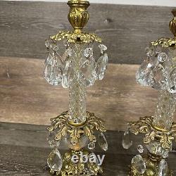 VTG Italian Hollywood Regency Gold Crystal Prism Candlestick Holder 14.75Pair