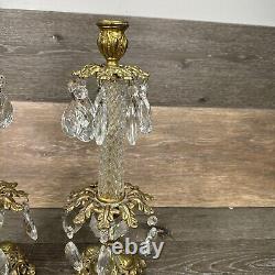 VTG Italian Hollywood Regency Gold Crystal Prism Candlestick Holder 14.75Pair