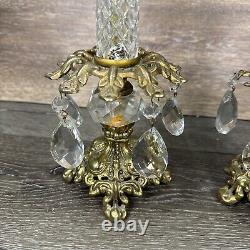 VTG Italian Hollywood Regency Gold Crystal Prism Candlestick Holder 14.75Pair