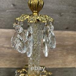 VTG Italian Hollywood Regency Gold Crystal Prism Candlestick Holder 14.75Pair