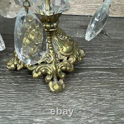 VTG Italian Hollywood Regency Gold Crystal Prism Candlestick Holder 14.75Pair