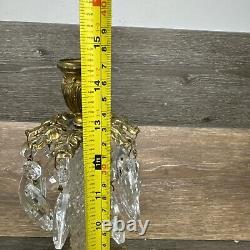 VTG Italian Hollywood Regency Gold Crystal Prism Candlestick Holder 14.75Pair