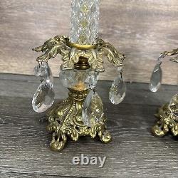 VTG Italian Hollywood Regency Gold Crystal Prism Candlestick Holder 14.75Pair