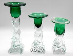 VTG Josef Hospodka Czech Art Glass Chribska Glassworks Emerald 3 Candle Holders