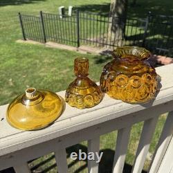 VTG L. E. Smith Amber Honey Moon & Stars Glass Fairy Lamp Candle Holder 3pcs MCM
