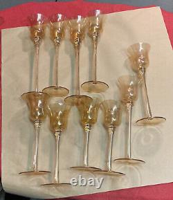 VTG Lot Of 10 Candle Holders Glass Brilliant Amber etched stemmed huricane