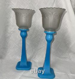 VTG MCM Blue Glass Candle Holders Square Bottom Star Frosted Votive Cups 13.5