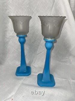 VTG MCM Blue Glass Candle Holders Square Bottom Star Frosted Votive Cups 13.5