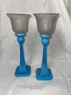 VTG MCM Blue Glass Candle Holders Square Bottom Star Frosted Votive Cups 13.5