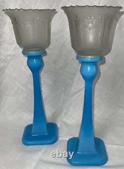 VTG MCM Blue Glass Candle Sticks Square Bottom Star Frosted Votive Cups 13.5