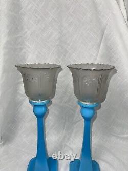 VTG MCM Blue Glass Candle Sticks Square Bottom Star Frosted Votive Cups 13.5