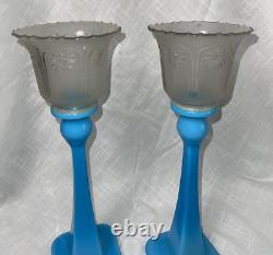 VTG MCM Blue Glass Candle Sticks Square Bottom Star Frosted Votive Cups 13.5