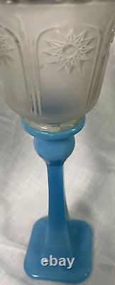 VTG MCM Blue Glass Candle Sticks Square Bottom Star Frosted Votive Cups 13.5