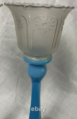 VTG MCM Blue Glass Candle Sticks Square Bottom Star Frosted Votive Cups 13.5