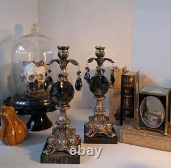 VTG MCM Gothic/Hollywood Regency Style Candle SetSmokey Gray Prisms/Marble Base