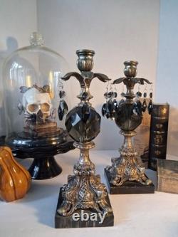 VTG MCM Gothic/Hollywood Regency Style Candle SetSmokey Gray Prisms/Marble Base