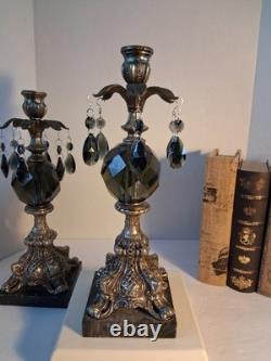 VTG MCM Gothic/Hollywood Regency Style Candle SetSmokey Gray Prisms/Marble Base