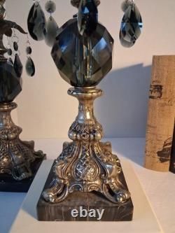 VTG MCM Gothic/Hollywood Regency Style Candle SetSmokey Gray Prisms/Marble Base