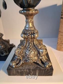 VTG MCM Gothic/Hollywood Regency Style Candle SetSmokey Gray Prisms/Marble Base