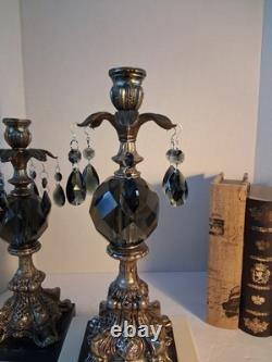 VTG MCM Gothic/Hollywood Regency Style Candle SetSmokey Gray Prisms/Marble Base