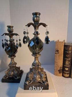 VTG MCM Gothic/Hollywood Regency Style Candle SetSmokey Gray Prisms/Marble Base