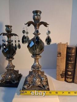 VTG MCM Gothic/Hollywood Regency Style Candle SetSmokey Gray Prisms/Marble Base