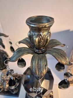 VTG MCM Gothic/Hollywood Regency Style Candle SetSmokey Gray Prisms/Marble Base