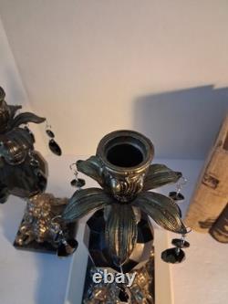VTG MCM Gothic/Hollywood Regency Style Candle SetSmokey Gray Prisms/Marble Base