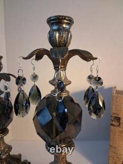VTG MCM Gothic/Hollywood Regency Style Candle SetSmokey Gray Prisms/Marble Base