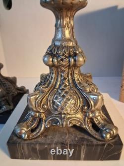 VTG MCM Gothic/Hollywood Regency Style Candle SetSmokey Gray Prisms/Marble Base