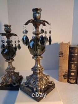 VTG MCM Gothic/Hollywood Regency Style Candle SetSmokey Gray Prisms/Marble Base