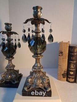 VTG MCM Gothic/Hollywood Regency Style Candle SetSmokey Gray Prisms/Marble Base