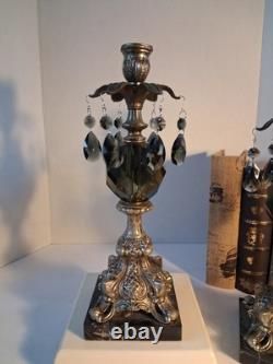 VTG MCM Gothic/Hollywood Regency Style Candle SetSmokey Gray Prisms/Marble Base