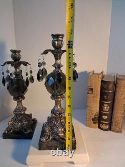 VTG MCM Gothic/Hollywood Regency Style Candle SetSmokey Gray Prisms/Marble Base