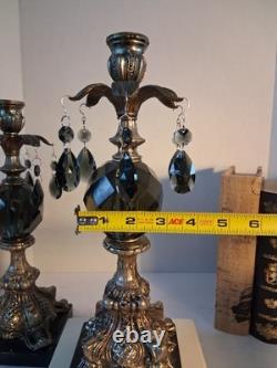 VTG MCM Gothic/Hollywood Regency Style Candle SetSmokey Gray Prisms/Marble Base