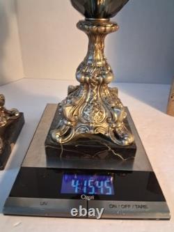 VTG MCM Gothic/Hollywood Regency Style Candle SetSmokey Gray Prisms/Marble Base