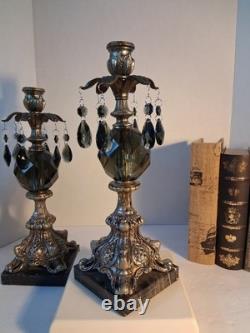 VTG MCM Gothic/Hollywood Regency Style Candle SetSmokey Gray Prisms/Marble Base